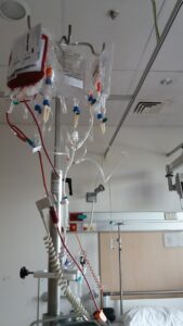 Picture of many fluid bags on my IV drip device